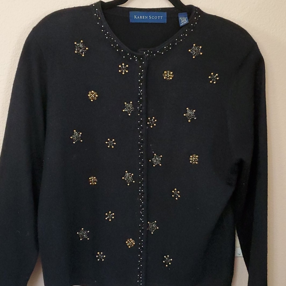 Karen Scott Black & Gold Embellished Cardigan Large